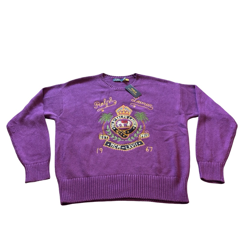 Polo Ralph Lauren Mens Purple Crest Embroidered Cotton Sweater Large NWT